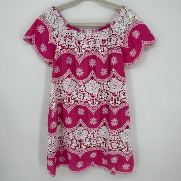 ASOS Off Shoulder Mini Dress 4 Embroidered Floral Crochet Lace Boho Hot Pink - Picture 2 of 11